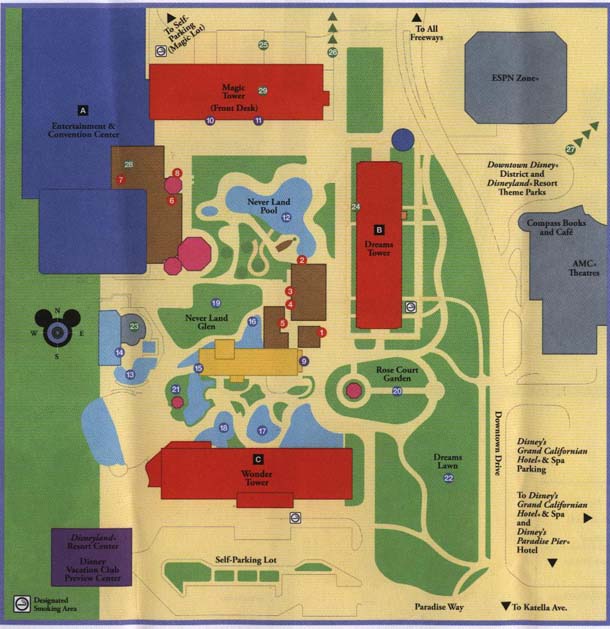 Here is a closeup map of the hotel, for those who stayed at the hotel before the resort expansion, it has shrunk in size, all that is left are the three Towers, no other wings with guest rooms and the hotel no longer stretches to the monorail track (the hotel has shrunk, the monorail is still in the same spot).