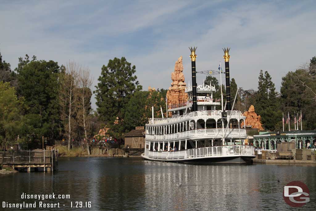 1.29.16 - No visible progress on the Rivers of America this visit. The Mark Twain is now in port and open to walk around the Columbia has been moved to the Harbour.