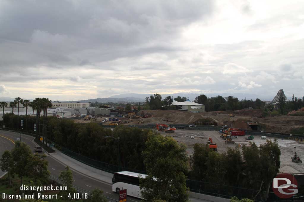 4.10.16 - A morning look at the site (the clouds did not help, this was around 8:30am).  You can see the backstage support buildings and facilities have been removed and they are breaking up and removing the concrete in middle of the shot.