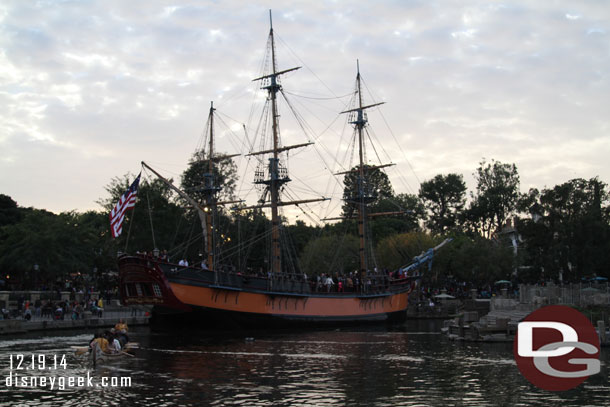 The Columbia and canoes out on the Rivers of America.