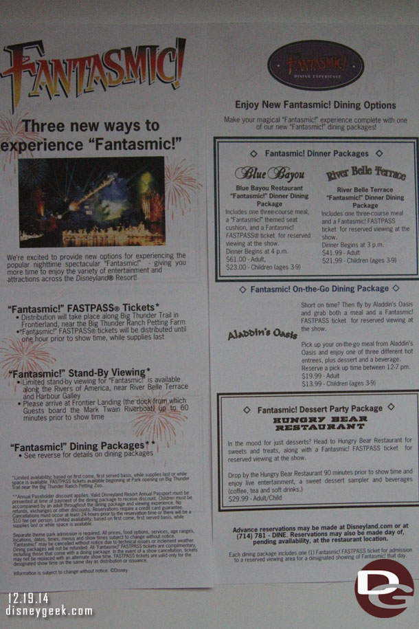 There was an insert for Fantasmic and the new FastPass options.
