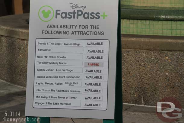 A board listing FastPass+ availability as of now.