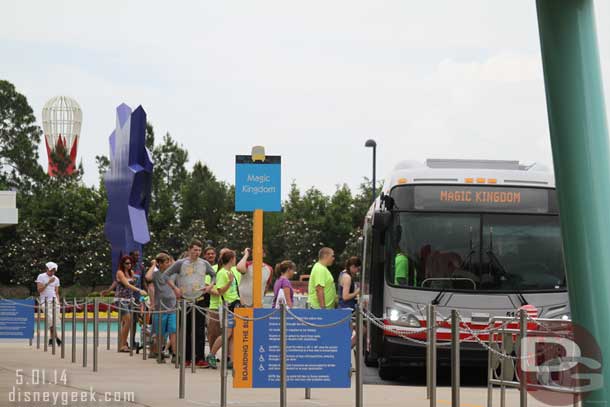 To accommodate the bus the stop for the Magic Kingdom was moved to the first one at Pop Century.  This entire area was full of guests when it pulled up and completely empty after.