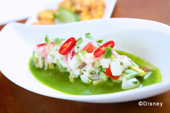 Halibut Ceviche with Green Tomotillo Salsa and Plantain Chips