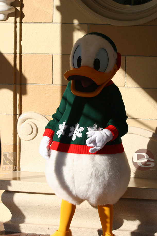 Donald sporting his holiday sweater at Disneyland