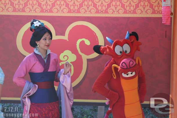 Mulan and Mushu out for pictures.