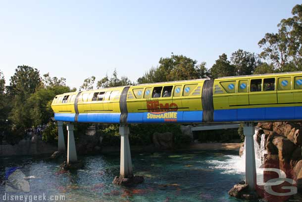 For the opening of the Finding Nemo Submarine Voyage Monorail Red was wrapped to look like a submarine.