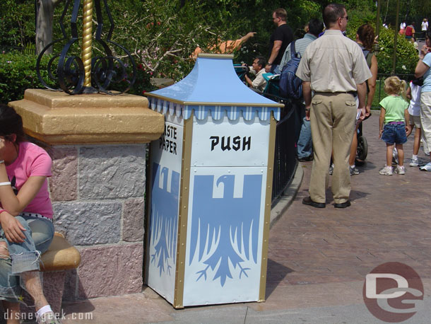 For the 50th there were classic trash cans in front of the castle (this shot is from May 2005)