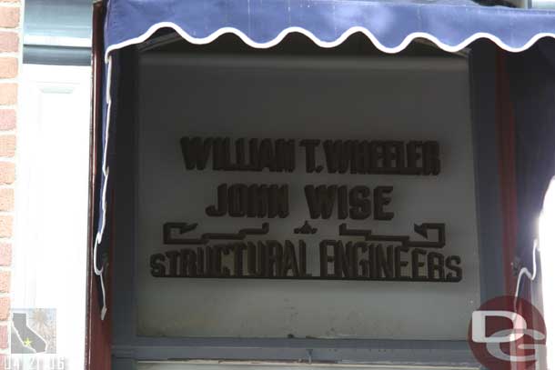Location: Bank of Main Street<BR>
Inscription: William T. Wheeler - John Wise - Structural Engineers <BR>
Information: John Wise and William Wheeler both worked for Wheeler & Gray Company, which was a structural engineering firm that helped to construct Disneyland.