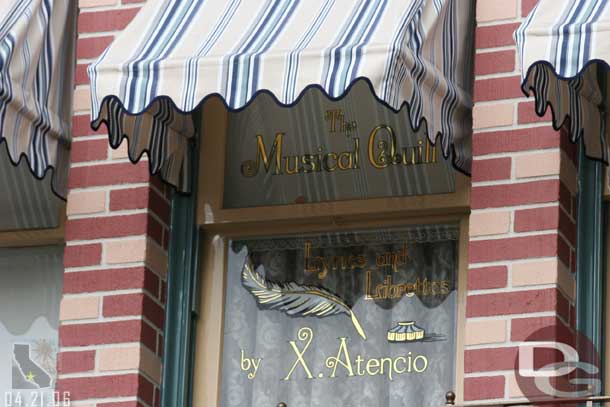 Location: Opera House <BR>
Inscription: The Musical Quill - Lyrics and Librettos by X. Atencio  <BR>
Information: X Atencio - WED Script Writer (Haunted Mansion, Pirates)