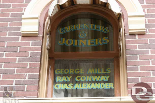 Location: Market House <BR>
Inscription: Caprenters & Joiners - George Mills - Ray Conway - Chas. Alexander<BR>
Information:  George Mills, Ray Conway, Charles Alexander - Disneyland Construction Department