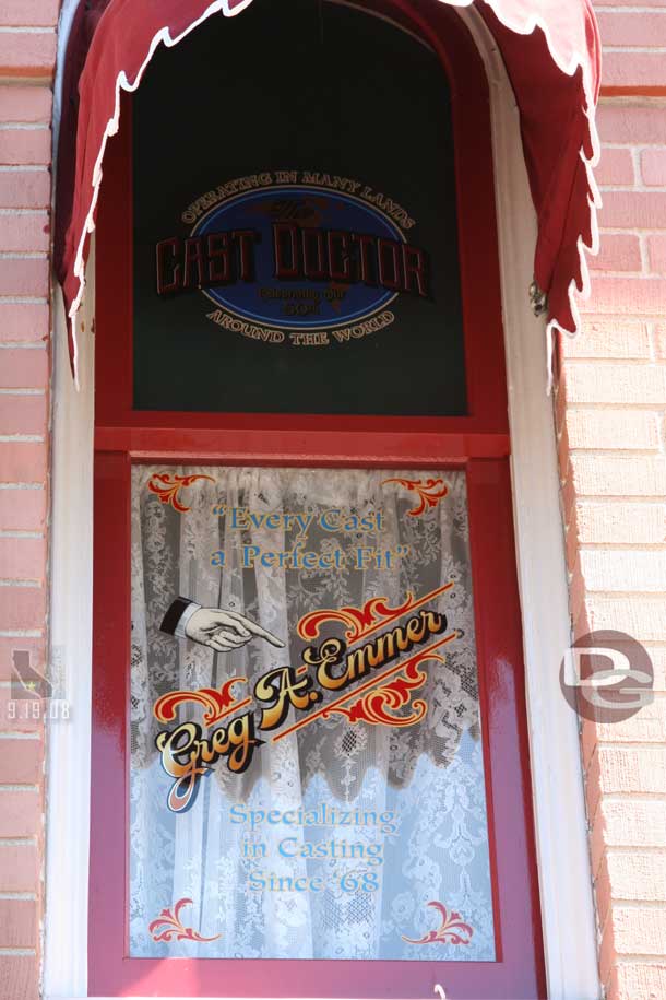 Location: Main Street Cinema <BR>
Inscription: Operating in many lands around the world  The Cast Doctor  Celebrating our 50th  Every cast a perfect fit  Greg A. Emmer  Specializing in casting since 68<BR>
Information:  Greg Emmer - Former Senior Vice President of Disneyland Operations, started as a ride operator in 1968(Added in the Fall of 2008)