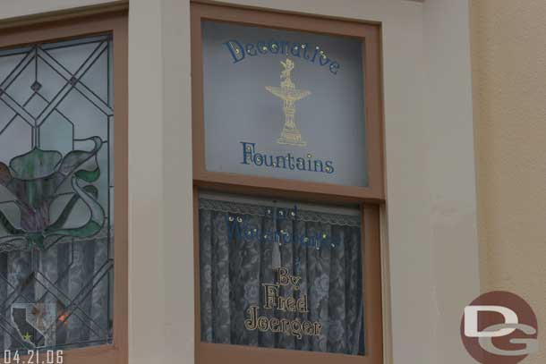 Location: Carnation Cafe<BR>
Inscription: Decorative Fountains and Watercolor - By Fred Joerger <BR>
Information: Fred Joerger worked on the waterways, Matterhorn and Storybook Land