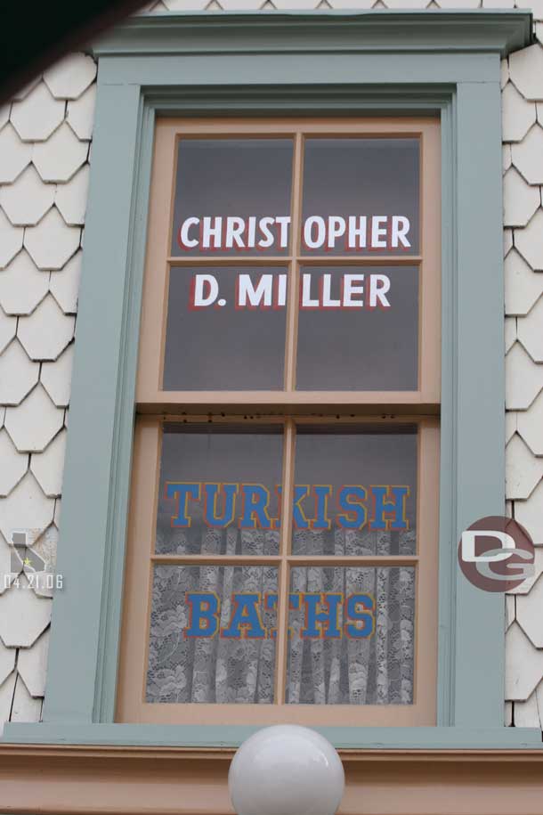 Location: Center Street (over the restrooms)<BR>
Inscription: Christopher D. Miller - Turkish Baths<BR>
Information: Christopher Miller was Walt's first grandson (Dianes)