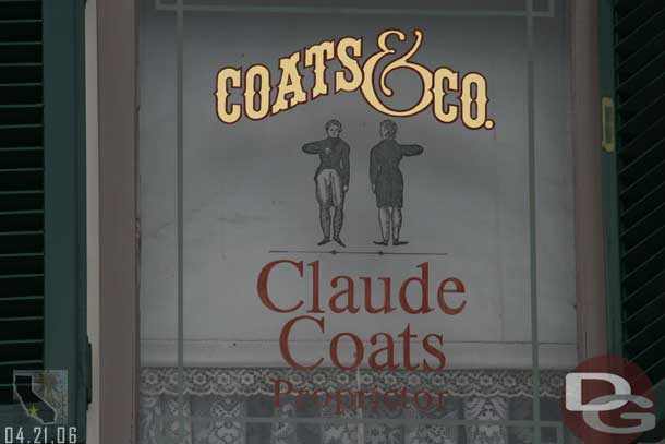 Location: Emporium Annex<BR>
Inscription: Coats & Co. - Claude Coats Proprietor<BR>
Information: Claude Coats - Imagineer who worked on many of the original attractions and painted some of the sets for Fantasyland, Rainbow Caverns, and worked on Pirates.