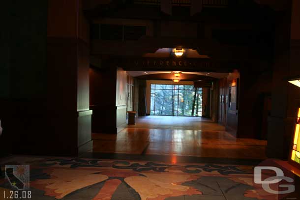 Continuing forward from the middle of the room toward the front desk (still looking to the right) is a walkway to the convention center and Downtown Disney