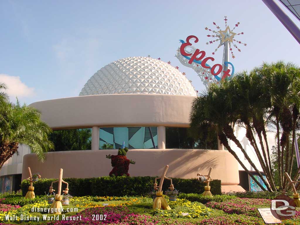 In 2002 Mickey and the brooms were behind Spaceship Earth.