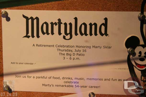 7.24.09 - Marty Sklars retirement party invite is in the display case at the bottom of the entrance ramp