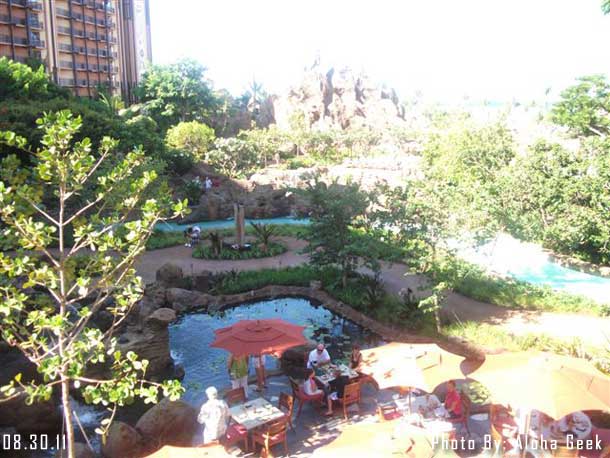 08.30.11 - A seating area near the water features (there is a lazy river, waterfalls, water slides, and several pools
