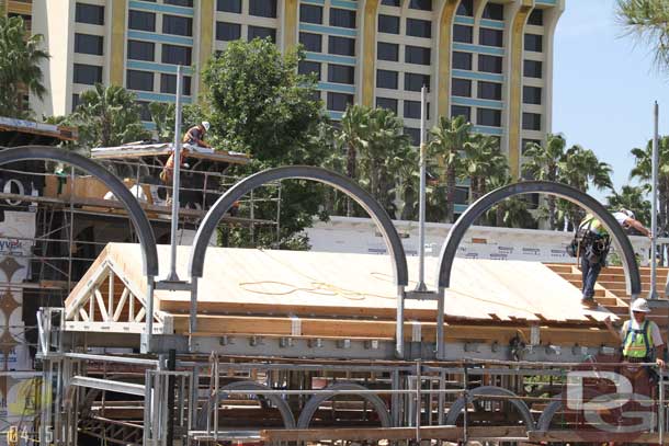 04.15.11 - The roof is going on the seating area that lines the parade route