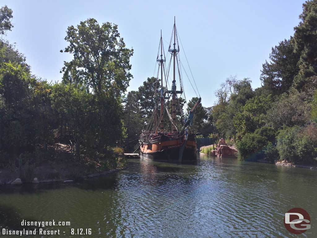 8.12.16 - On the Rivers of America the Columbia is out of Fowlers Harbor and docked on the east side of Tom Sawyer Island (nearest Big Thunder) so that means the Mark Twain was moved then both boats backed into place since the back of the river is gone.