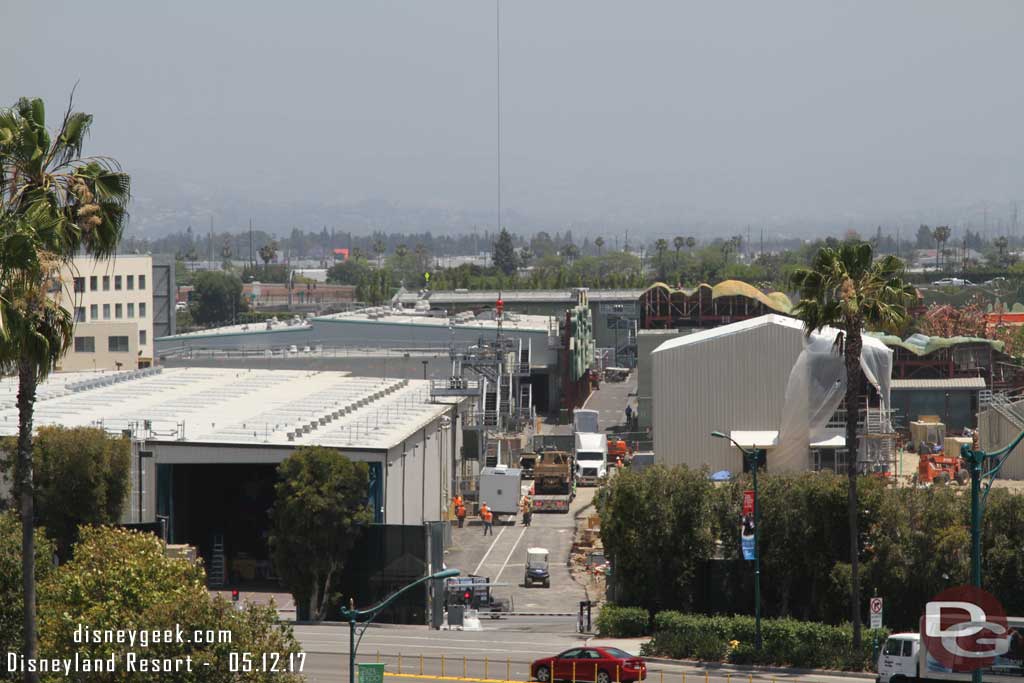 5.12.17 - Crews moving a trailer into place along the newly redone backstage road.