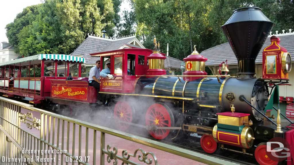 6.23.17 - The big news Friday is the Disneyland Railroad has started test runs around the park.  Here is the C.K. Holliday pulling into New Orleans Square Station.