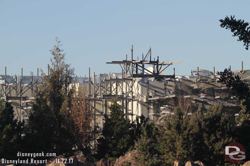 11.22.17 - Moving into the park, the view from the top deck of the Mark Twain.  You can see the steel support structure for the rock work that will cover the Battle Escape Building.