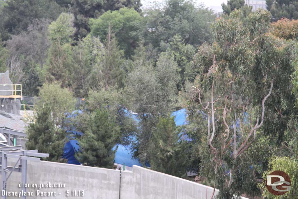 05.11.18 - A blue tarp visible through the trees, assumingn they are applying concrete or paint to the rock work and this is to protect the trees.