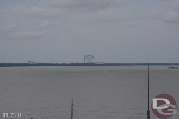 Looking off the back of the boat a view of the vehicle assembly building at Kennedy Space Center.