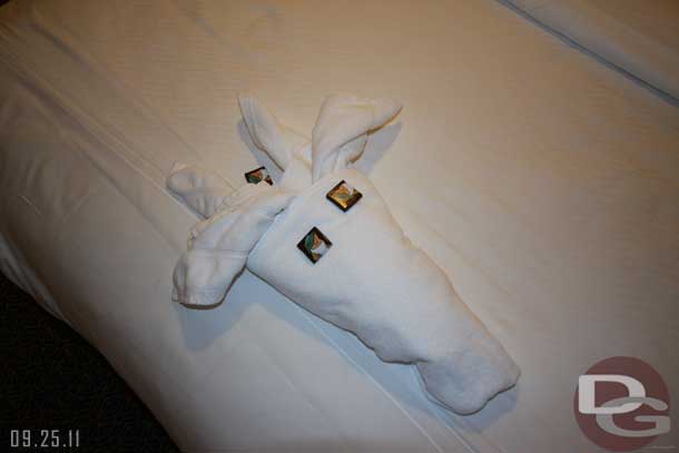 A towel creation back on the bed with some chocolate.
