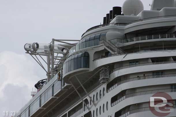 Even though it was raining there were crews out cleaning the ship.