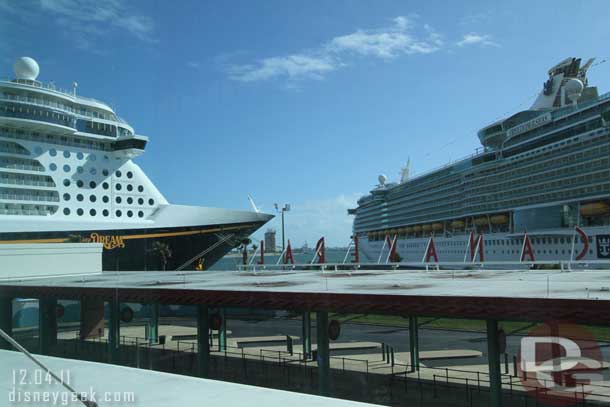 Looking out the windows at the bus terminal and a near by ship.