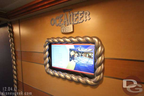 Oceaneer Club is next.  It is located down the hall on Deck 5.  This area is for ages 3 to 10.  Outside is a screen with activities and other info on it.