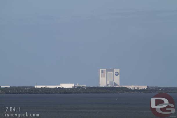 In the distance you can see Kennedy Space center.  The massive VAB (vehicle assembly building) looms in the center of this shot.