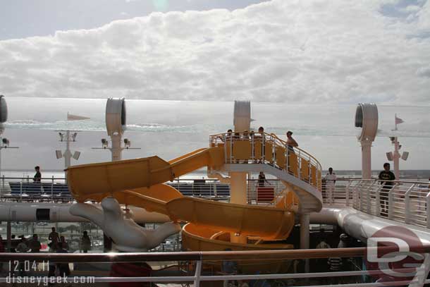 A Mickey slide for kids on Deck 11. (We are standing on Deck 12 for this picture).  Above you can see the Aquaduck tube.