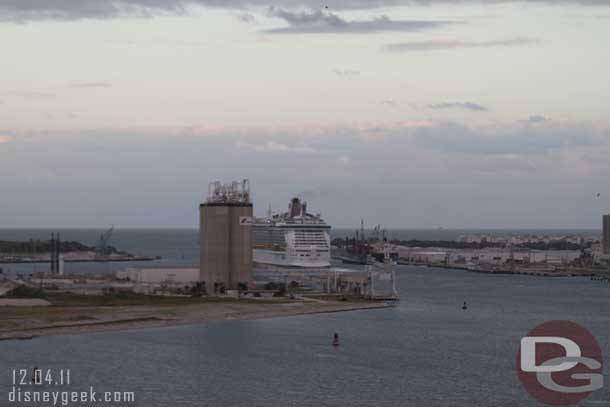 I moved up to the front of the ship on Deck 13 to get a view of us heading out to sea.  Here you can see the channel.  We will be following that other ship out.