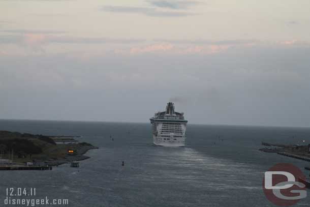 The ship in front of us is almost out of the channel.