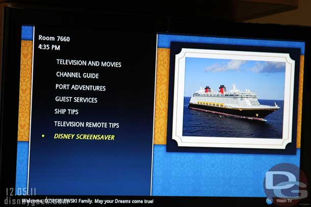 Had a few minutes and played with the TV.  They have some on demand movies and TV shows.  Also in the Screensaver section I saw some of our pictures taken while onboard.
