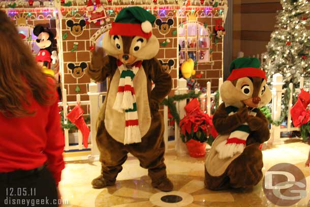 Skipping ahead to after the show.. Chip and Dale were out for pictures near the gingerbread house.