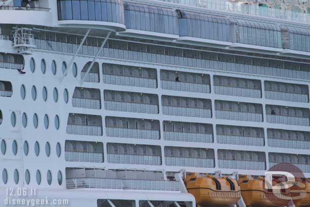 A shot of where our room was..  three decks up and right after the first break on the left (the row of rooms that all are the same width/number we are the far left one).