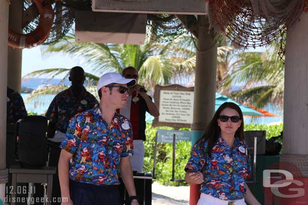 A couple members of the cruise staff waiting to start a character dance party.