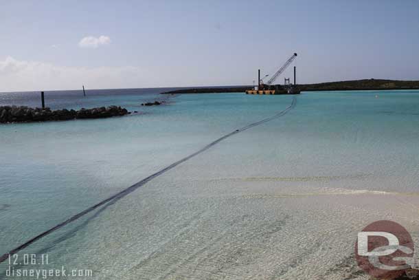 A look out at the work barge and the pipe running from/to it.