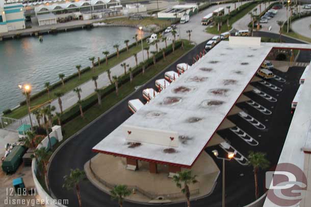 A quick peek over the side.  The buses were lined up and ready to start taking guests back to the airport or to Disney World.