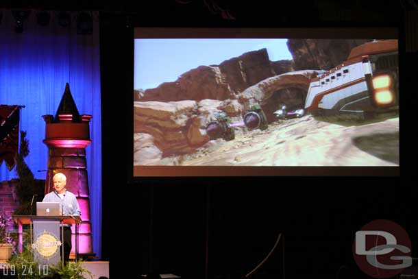 He spoke a little about where the new Star Tours fits, he said about episode 3.5.  So at an earlier time than the original ride and films but after the newer films.