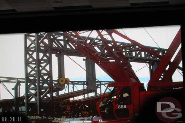 For example on Soarin.  His original plan was for a support in the front of the ride system.  But due to clearances and sight lines they instead constructed this huge truss to suspend it from above vs columns in the middle.