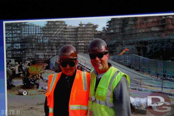 Showing Marty Sklar around the Cars Land site. (Yeah he had to borrow someone else hard hat)