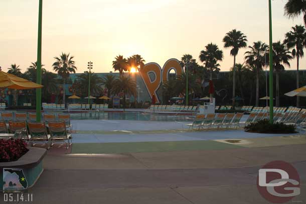 Pop Century is so peaceful at 7:00am since most people on vacation tend to be asleep still.  Here you can see the sun just rising above the main building.