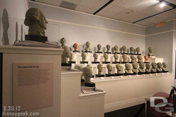 This takes us to the last display room of the exhibit.  On the left hand side busts of all the presidents from the Hall of Presidents at Walt Disney World (first time all have been on display together)