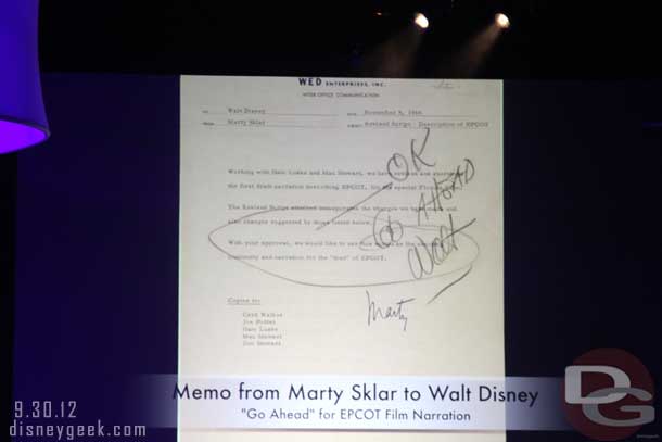The Go Ahead for the EPCOT Film Narration (Marty Sklar wrote the narrative for the film).
